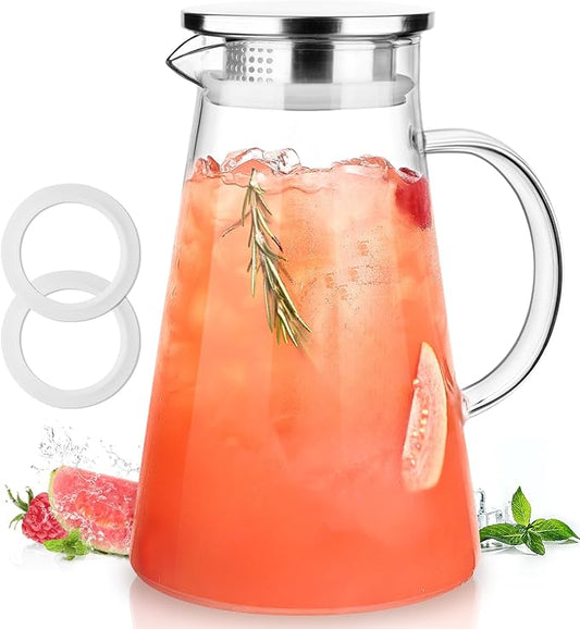 LUNA&MANTHA Glass Pitcher, 2 Liter 68oz Water Pitcher with lid and Handle, Large Ice Tea Jug for Fridge, Borosilicate Glass Carafe for Hot/Cold Drink, Juice, Coffee, Milk, Beverage by LUNAMANTHA