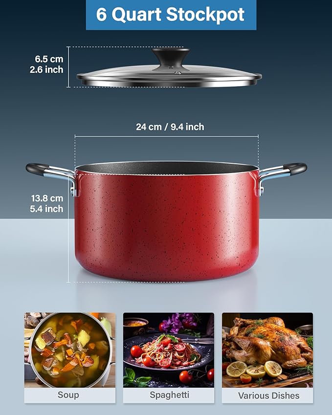 Cook N Home Nonstick Stockpot with Lid 6-Quarts, Professional Cooking Soup Pot, Casserole Cookware, Marble Red - Image 2