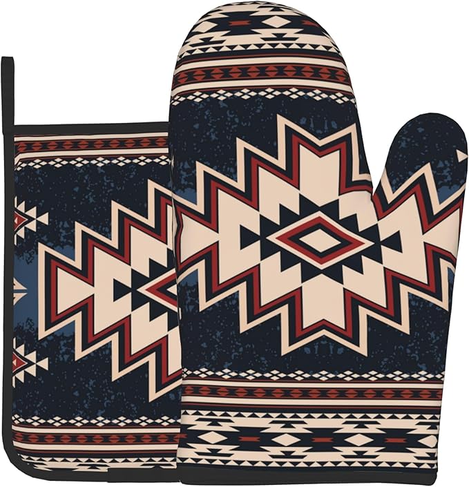 Oven Mitt and Pot Holders Sets - Boho Kitchen Mitts Decorative Tribal Oven Gloves Bohemian Hot Pads Set of 2 for Cooking BBQ Baking Grilling by DZGlobal