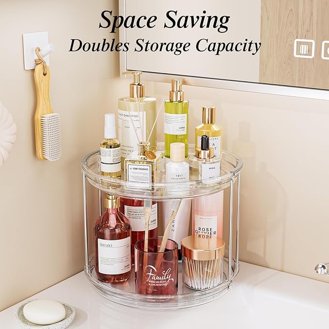 LAMU Rotating Makeup Organizer for Vanity, 10.6in 2 Tier Lazy Susan Turntable Stackable Spinning Skincare Organizer Cosmetic Perfume Tray Display for Bathroom Counterop, Large Capacity, Clear - Image 7