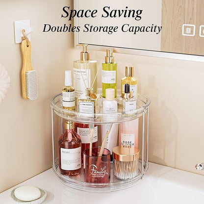 LAMU Rotating Makeup Organizer for Vanity, 10.6in 2 Tier Lazy Susan Turntable Stackable Spinning Skincare Organizer Cosmetic Perfume Tray Display for Bathroom Counterop, Large Capacity, Clear - Image 7