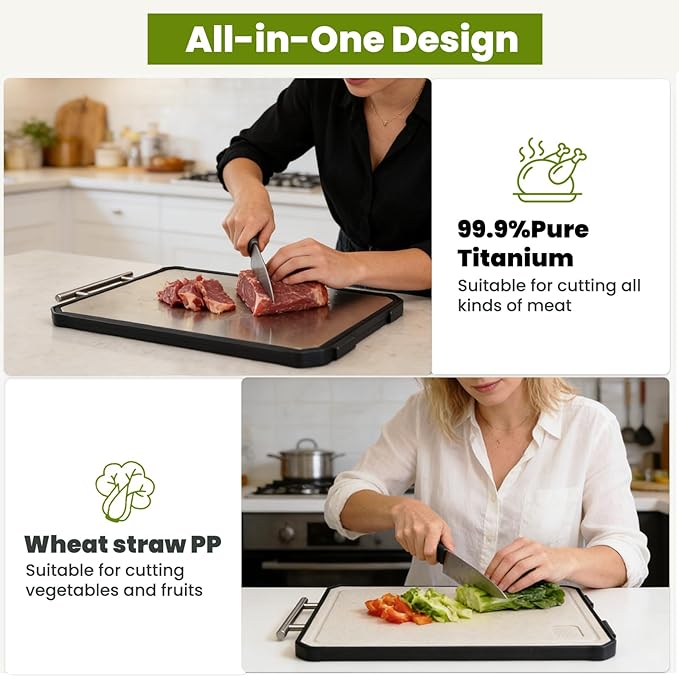 Titanium Cutting Board for Kitchen, Double Sided Titanium Cutting Board with Juice Groove, Metal Chopping Board for Kitchen, Titanium & Wheat Straw PP, Dishwasher Safe, 16.3”×11”