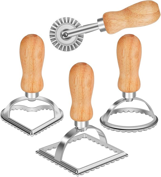 TACGEA Ravioli Stamp Maker Cutter with Roller Wheel (Set of 4), Wooden Handle and Fluted Edge, for Ravioli, Pasta, Dumplings Lasagna, Pierogi by TACGEA