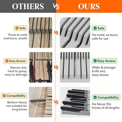 Lifewit Magnetic Drawer Knife Organizers Insert, Kitchen Plastic In Drawer Knife Block Slots, Steak Chefs Knives Holder Storage for 16 Knives and 1 Sharpening Steel, Extra Large, Gray, 16.5"/42 cm(W)
