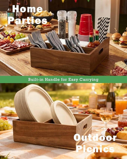 Acacia Wood Utensil Holder for Party (Set of 2) - 11" x 9.5" Utensil Caddy for Parties & Silverware Caddy for Countertop - Holds Plates, Napkins, Cups, Spoons, Forks - Kitchen Accessories - Image 6