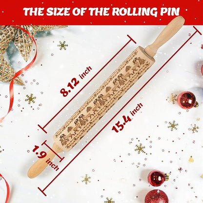 Stocking Stuffers Gifts for Women, Wooden Embossed Rolling Pin for Baking, Deep Engraved Embossing Rolling Pins with Christmas Elk Deer Pattern Designs for Baking Cookies Stamps Roller, DIY Tools - Image 3