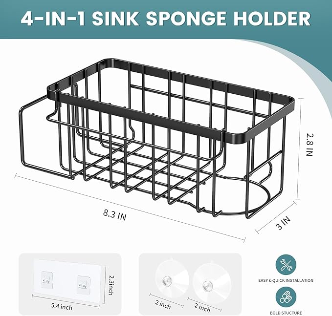 StorageRight 4-in-1 Sponge Holder for Kitchen Sink, Sink Caddy Organizers and Storage with Adhesive Hook & Suction Cups, Rustproof Kitchen Sink Organizer for Home Decor - Black - Image 2