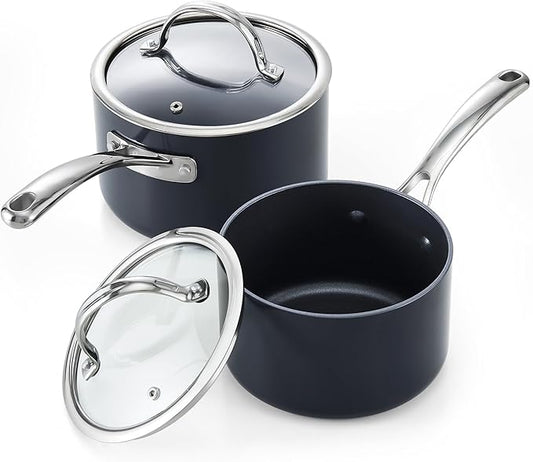 Cooks Standard Nonstick Sauce Pan Set, 2Qt & 3Qt Hard Anodized Saucepans with Lid Cooking Pots, Oven Safe, Easy to Clean, Black