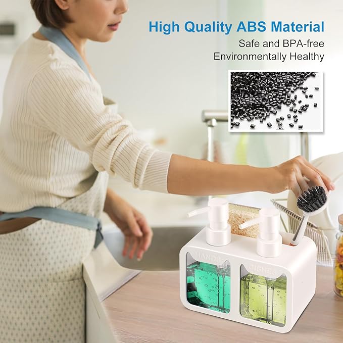 Kitchen Soap Dispenser Set, with Hand and Dish Soap, Sponge Caddy and Brush Holder 4-in-1 Kitchen Dual Soap Dispenser Set for Kitchen Sink, Bathroom - White - Image 3
