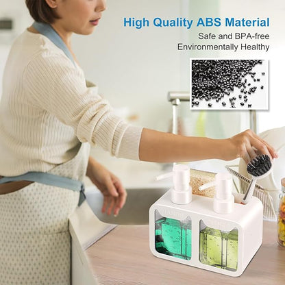 Kitchen Soap Dispenser Set, with Hand and Dish Soap, Sponge Caddy and Brush Holder 4-in-1 Kitchen Dual Soap Dispenser Set for Kitchen Sink, Bathroom - White - Image 3