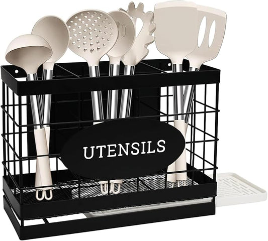 Magnetic Utensil Holder for Fridge Large Silverware Organizer Kitchen Utensil Organizer with Draining Kitchen Counter Sturdy Black Metal Cooking Caddy Storage for Silicone Spatula Fork Spoon