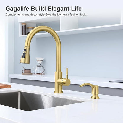 GAGALIFE Kitchen Sink Soap Dispenser with 17 Ounce Large Bottle, Built in Sink Soap Dispenser (Brushed Gold) Kitchen Soap Dispenser Refill from Top, G080BG