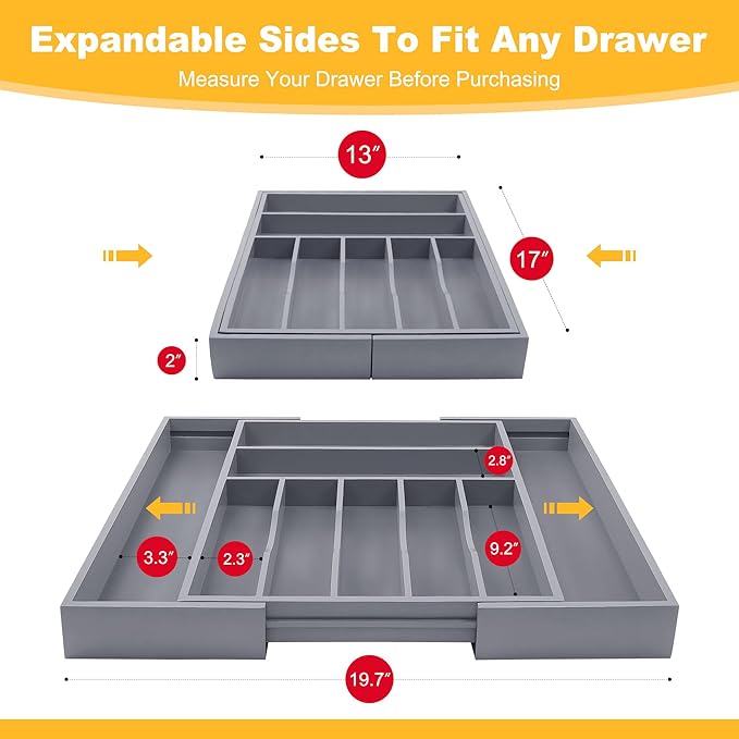 Large Premium Bamboo Silverware Organizer - Expandable Drawer Organizer & Utensil Organizer - 17"x19.7" Cutlery Tray with Dividers for Kitchen Utensils and Flatware (7-9 Slots) (Grey) - Image 2