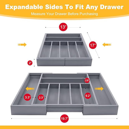 Large Premium Bamboo Silverware Organizer - Expandable Drawer Organizer & Utensil Organizer - 17"x19.7" Cutlery Tray with Dividers for Kitchen Utensils and Flatware (7-9 Slots) (Grey) - Image 2