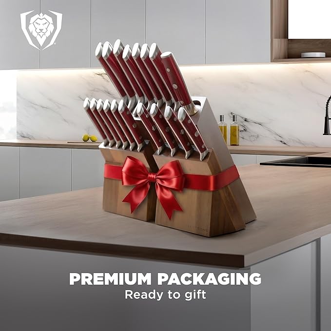 Dalstrong 18-Piece Gladiator Colossal Knife Block Set (Red Handles) — German High-Carbon Steel, Full-Tang, Hand-Sharpened — For Home Chefs, Wedding Registries & Serious Kitchens — Acacia Block, NSF - Image 7
