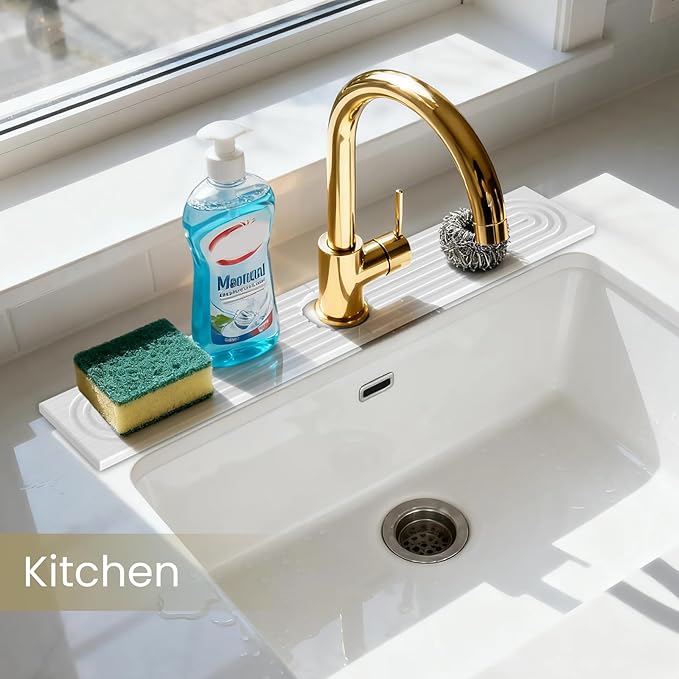 Premium Diatomite Stone Drying Mat for Kitchen Counter - Faucet Mat for Kitchen Sink, Sink Protector & Splash Guard, Quick-Dry Kitchen Sink Mat,Super Absorbent (White, 23.6" x 4") - Image 7