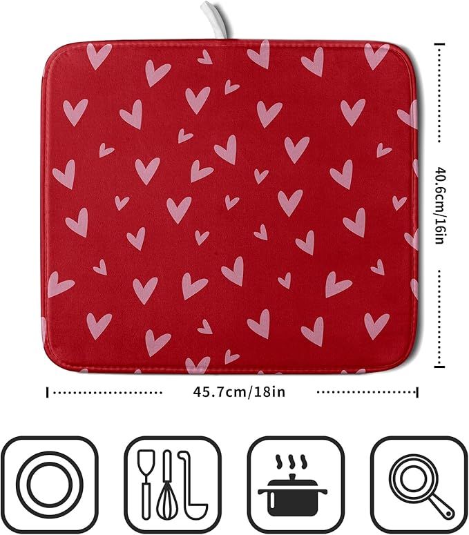 Valentines Dish Drying Mat for Kitchen Counter 16x18 Inch Valentine's Day Red Pink Love Heart Print Absorbent Reversible Microfiber Drying Mats Kitchen Countertop Protector Dishes Drainer Rack Pad - Image 2