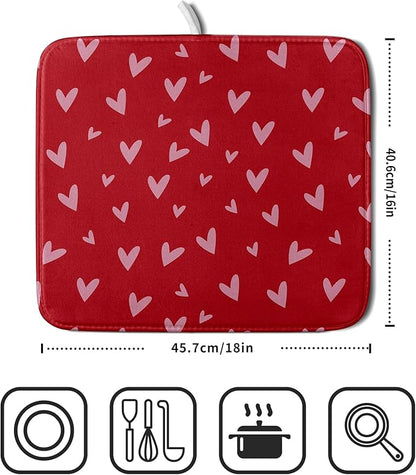 Valentines Dish Drying Mat for Kitchen Counter 16x18 Inch Valentine's Day Red Pink Love Heart Print Absorbent Reversible Microfiber Drying Mats Kitchen Countertop Protector Dishes Drainer Rack Pad - Image 2
