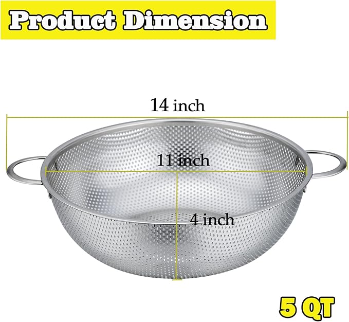 P&P CHEF Stainless Steel Colander, Micro-Perforated Food Strainer with Handle for Washing Draining, Great for Pasta Fruits Vegetables, Dishwasher Safe & Healthy, 5 Qt, 1Pc - Image 3