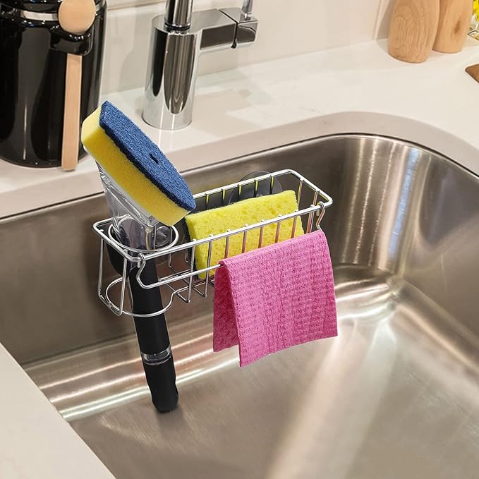 3-In-1 Sponge Holder for Kitchen Sink with Suction Cups & Adhesive Hook , In-sink Sponge Holder, Wall Hanging Sink Caddy Organizer Rack - Sponge, Dish Cloth, Brush, Scrubber - 304 Stainless Steel - Image 7