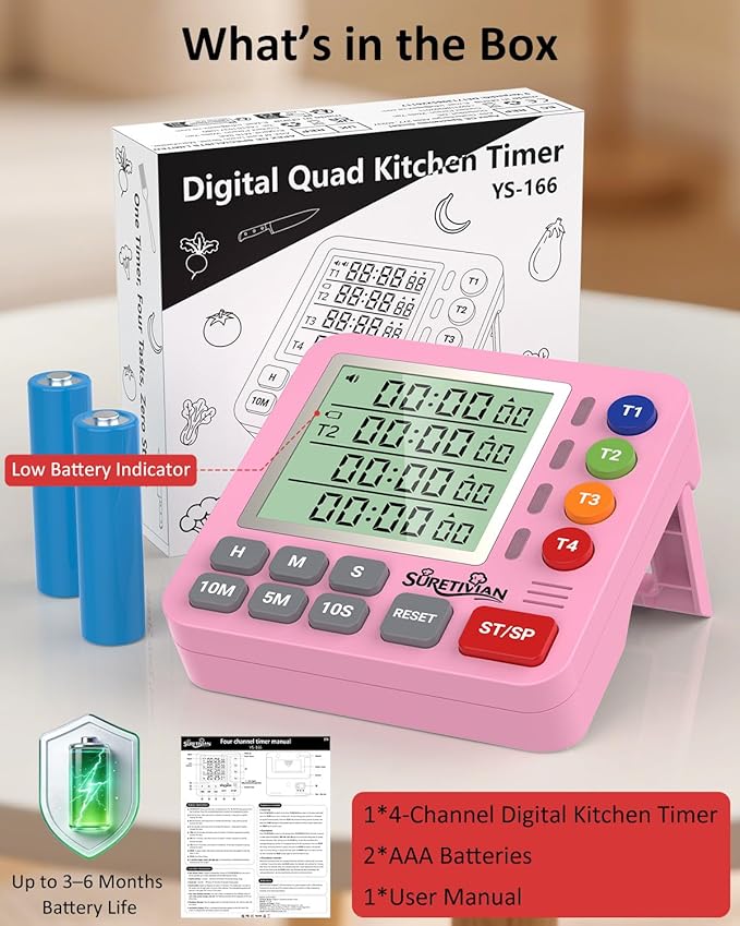 Digital Kitchen Timer for Cooking - 4 Channel Count Up Countdown Timer with Loud Alarm and Silent Mode, Large Display, Magnetic Back, Auto Memory for Classroom Study Gym, Battery Included (Pink) - Image 8