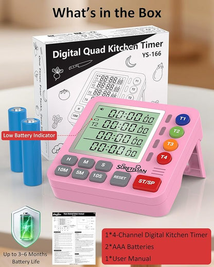 Digital Kitchen Timer for Cooking - 4 Channel Count Up Countdown Timer with Loud Alarm and Silent Mode, Large Display, Magnetic Back, Auto Memory for Classroom Study Gym, Battery Included (Pink) - Image 8