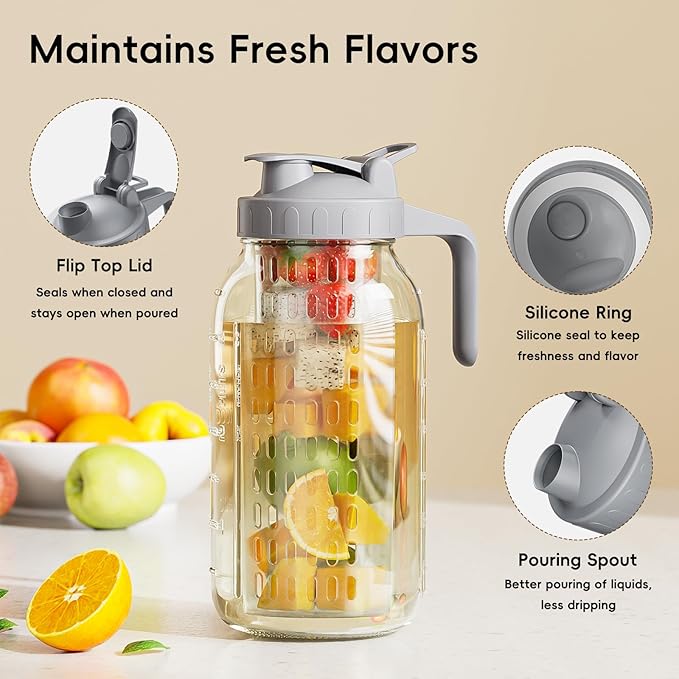 64 oz Glass Pitcher with Lid, Heavy Duty Wide Mouth Mason Jar with Pour Spout, Tea Jug Airtight Seal for Freshness and Convenience, Great for Cold Beverages, Breast Milk and Infused Drinks - Image 5