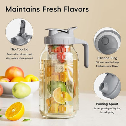 64 oz Glass Pitcher with Lid, Heavy Duty Wide Mouth Mason Jar with Pour Spout, Tea Jug Airtight Seal for Freshness and Convenience, Great for Cold Beverages, Breast Milk and Infused Drinks - Image 5