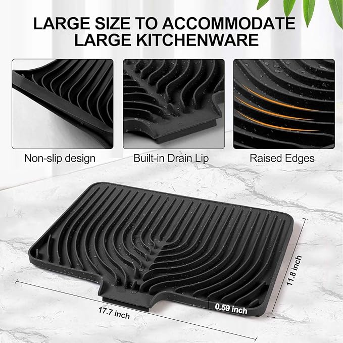 Dish Drying Mat for Kitchen Counter, with Built-in Drain Lip, Food-Grade Silicone, Easy Clean Pad for Countertop Protection, Multi-Functional Use (18 x12 Raised Sink, Black) - Image 2