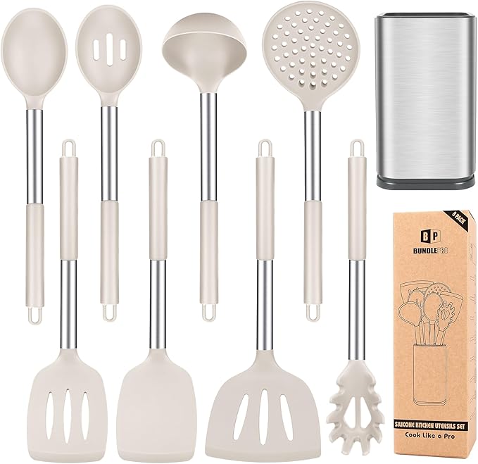 Silicone Cooking Utensil Set, 8Pcs Non-stick Cookwares with Stainless Steel Handle, BPA Free Heat Resistant Kitchen Tools with Spatulas, Turners, Spoons, Skimmer and Pasta Fork (KHAKI) by BUNDLEPRO