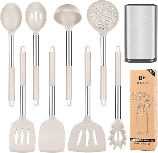 Silicone Cooking Utensil Set, 8Pcs Non-stick Cookwares with Stainless Steel Handle, BPA Free Heat Resistant Kitchen Tools with Spatulas, Turners, Spoons, Skimmer and Pasta Fork (KHAKI) by BUNDLEPRO