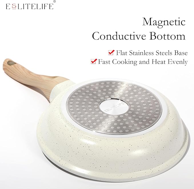 ESLITE LIFE Nonstick Ceramic Frying Pans Skillets Set, Non-Toxic Egg Omelette Kitchen Cooking Pans Compatible with All Stovetops (Gas, Electric & Induction), PTFE & PFOA Free (White) - Image 7