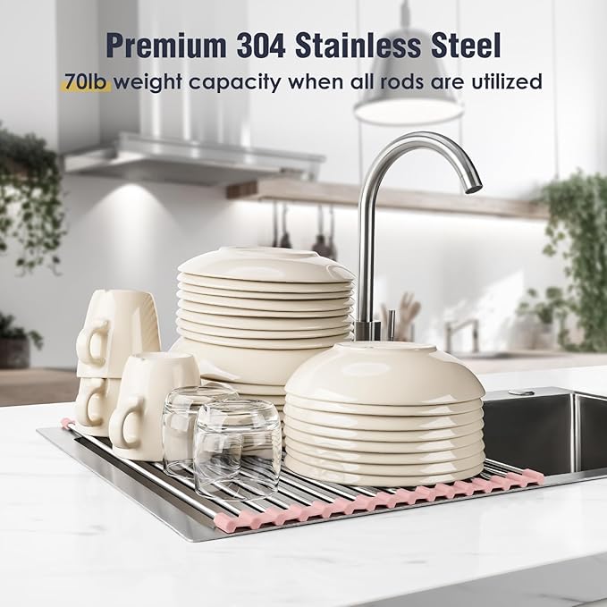 Tomorotec 17.7" x 12.5" Roll Up Dish Drying Rack Over Sink Drying Rack Sink Cover Kitchen Sink Accessories Gadget Multipurpose Organizer Foldable Stainless Steel Drainer - Image 5