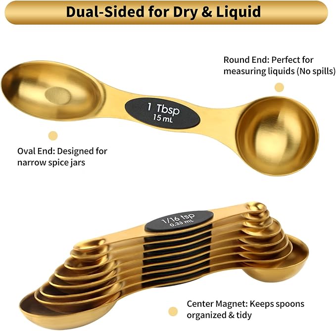 Gold Magnetic Measuring Spoons Set Stainless Steel with Leveler, Dual-Sided Stackable Metal Measuring Spoons for Baking & Cooking, Fits in Spice Jars, Heavy Duty Kitchen Gadgets, 8 Spoons & 1 Leveler - Image 7