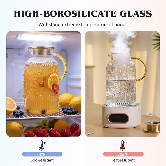 2 Pack Vintage Glass Pitchers with Lid and 2 Cups, 68oz/ 2 Liter Glass Water Pitcher with Handle and Lid for Fridge, Iced Tea, Coffee, Borosilicate Glass Carafe for Hot/Cold Brew Drink