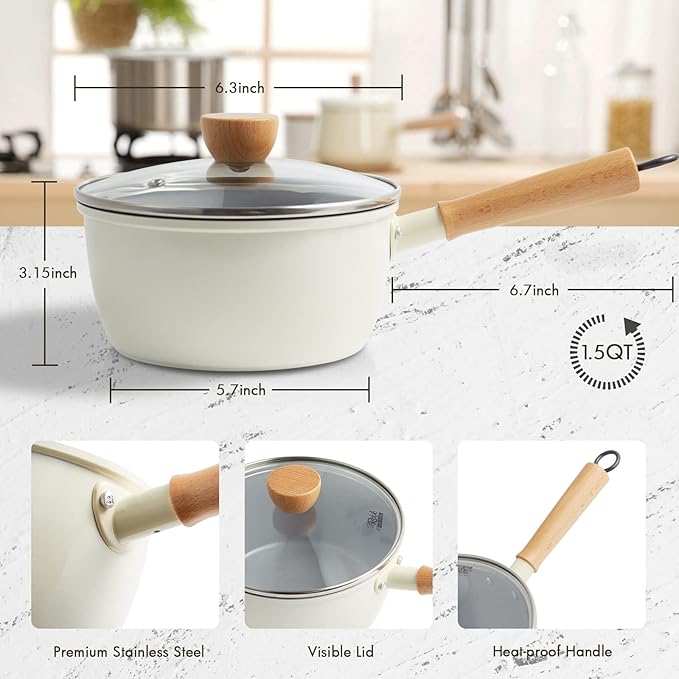 ROCKURWOK Ceramic Nonstick Sauce Pan with Lid, 1.5 Qt Small Pots for Cooking, Small Pot Wooden Handle for Cool Touch, Non Toxic & Pfas-Free Saucepan, Universal Base(Gas, Electric & Induction), White - Image 6