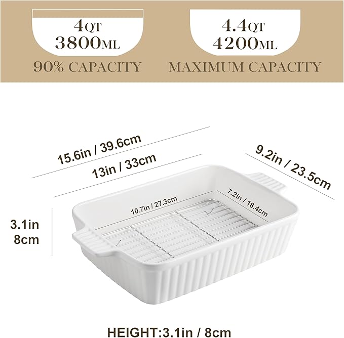 MALACASA 4.4 QT Baking Dish with Rack, 9x13 Large Casserole Dish for Oven, Ceramic Baking Pan with Rack, Rectangular Lasagna Pan Deep with Handles for Baking, Durable Microwave Oven Safe, White - Image 2