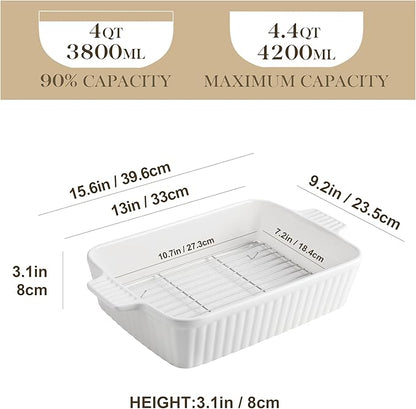 MALACASA 4.4 QT Baking Dish with Rack, 9x13 Large Casserole Dish for Oven, Ceramic Baking Pan with Rack, Rectangular Lasagna Pan Deep with Handles for Baking, Durable Microwave Oven Safe, White - Image 2