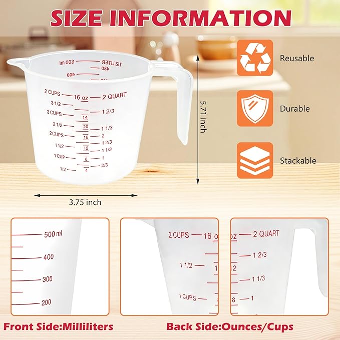 16 Pcs 2 Cup Capacity Plastic Measuring Cup, 16 Oz/500 ml Clear Graduated Measuring Cups Plastic Mug with Spout and Handles Ounce and Ml Cup Marking for Recipe Ingredient, Flour, Water, Liquid