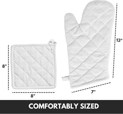 Oven Mitt (7"x13") & Pot Holder (8"x8") 100% Cotton Set of Heat Resistant Oven Gloves & Hot Pads for Gifts, BBQ, Cooking, Baking, Thanksgiving - White