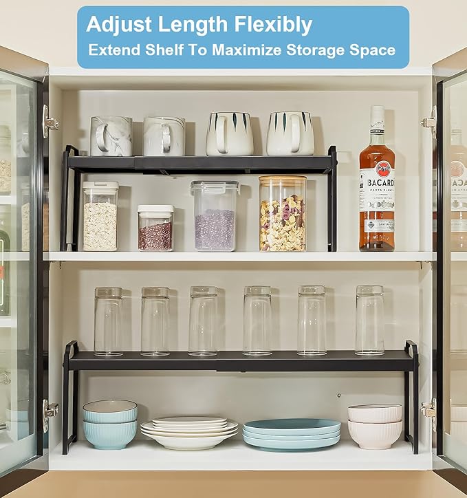 25.5 Inches 3 Pack Expandable Cabinet Shelves, Stackable Shelf Organizer For Kitchen Cabinet Countertop Storage, Adjustable Counter Cupboard Pantry Organizer Shelf Rack Stand Riser, Black - Image 5