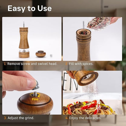 Wooden Salt and Pepper Grinder Set, Premium Oak Wood Salt Grinders Shakers, Manual Pepper Mill with Acrylic Clear Window, Adjustable Ceramic Grinder for Kitchen, Restaurant, Gifts - 6 inches, 2 Pack