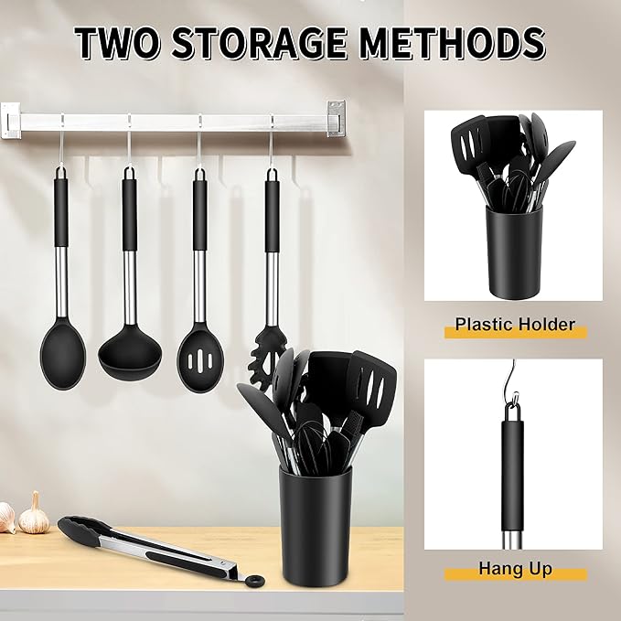 Silicone Cooking Utensils Set, E-far 14-Piece Black Kitchen Utensils Set with Holder, Kitchen Tools Spatulas with Stainless Steel Handle for Non-stick Cookware, Heat Resistant & Dishwasher safe - Image 6