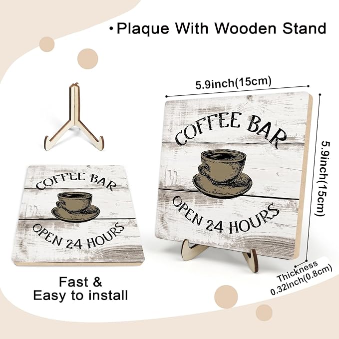 Coffee Bar Sign Plaque, Vintage Farmhouse Coffee Station Decor – 24 Hours Open Bar Plaque for Cafe, Home or Office, Rustic Kitchen Wall Art, CoffeeShop Accessories - Image 2