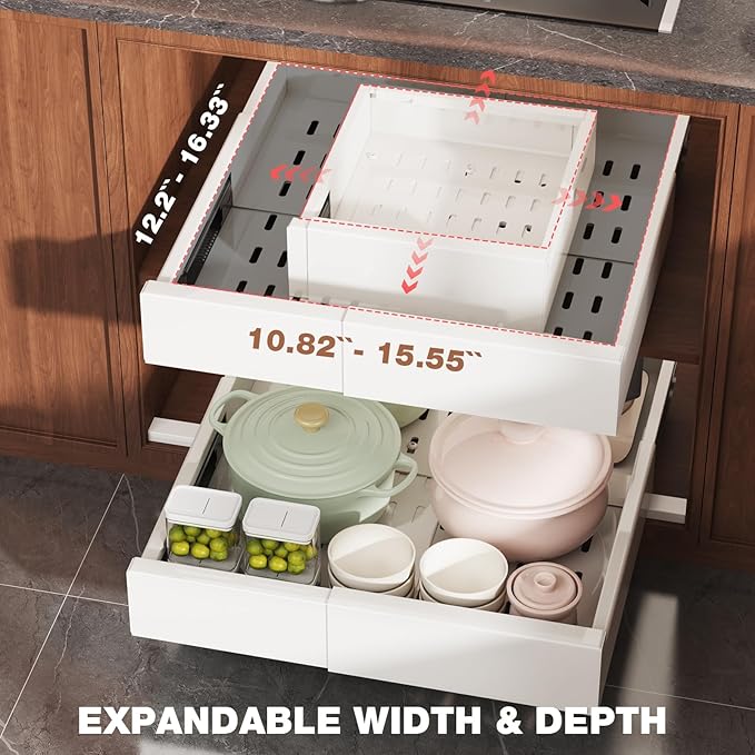 Seinloes 2 Pack Pull Out Cabinet Organizer Expandable Width(11"-16") and Depth(13"-17"),Slide Out Drawers With Raising Pad for Framed Cabinets,No Drill Roll Out Shelves for kitchen,Bathroom,White - Image 3