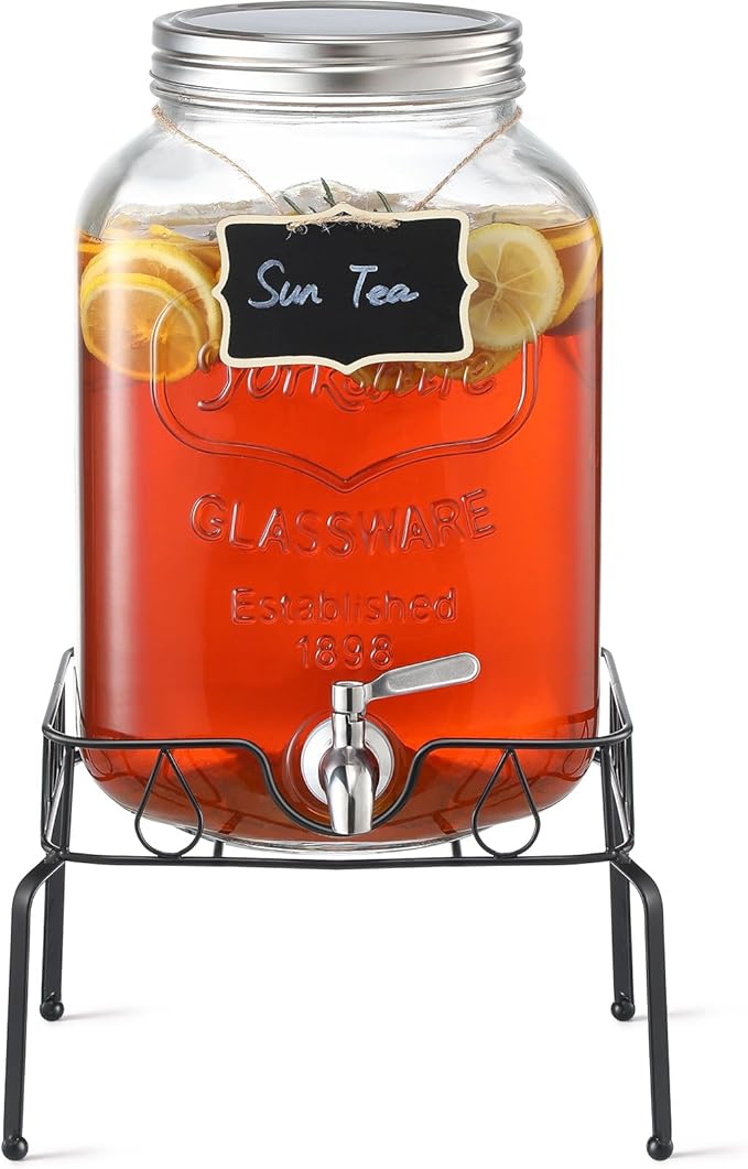 2 Gallon Glass Beverage Dispenser with Stand and Lid, 18/8 Stainless Steel Spigot - Glass Drink Dispensers for Parties - Mason Jar Drink Dispensers with Lids by NETANY