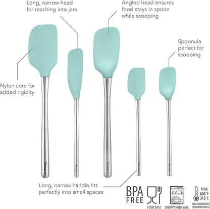 Tovolo Stainless Steel Handled Silicone Spatula Set of 5, Dishwasher Safe Kitchen Spatula Set for Cooking Baking, BPA Free Silicone Spatula set with Metal Steel Handle, Aqua Seafoam Green