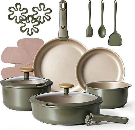 CAROTE 19 Pcs Pots and Pans Set, Nonstick Cookware Sets with Detachable Handle, Titanium Reinforced, Oven Safe, Cookware Non Stick Cooking Set w/Frying Pans & Saucepans Green(PFOS, PFOA Free) by CAROTE