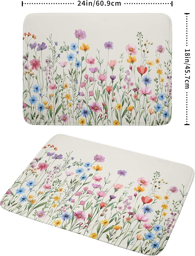 Giwawa Spring Floral Dish Drying Mat 18"x24" Watercolor Summer Wildflower Dish Drainer Mats Herb Flower Reversible Absorbent Dish Drying Pad Decor for Kitchen Countertop Dining Room