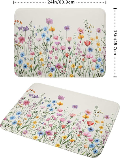 Giwawa Spring Floral Dish Drying Mat 18"x24" Watercolor Summer Wildflower Dish Drainer Mats Herb Flower Reversible Absorbent Dish Drying Pad Decor for Kitchen Countertop Dining Room